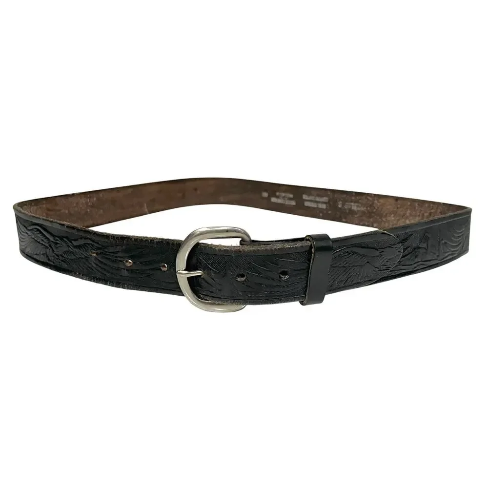Vintage HAND TOOLED Belt WESTERN Eagle Black Leather Made In U.S.A Men’s 44
